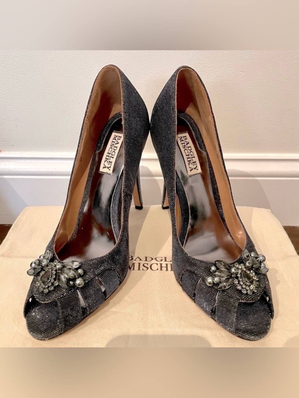 New BADGLEY MISHKA embellished peep toe heels